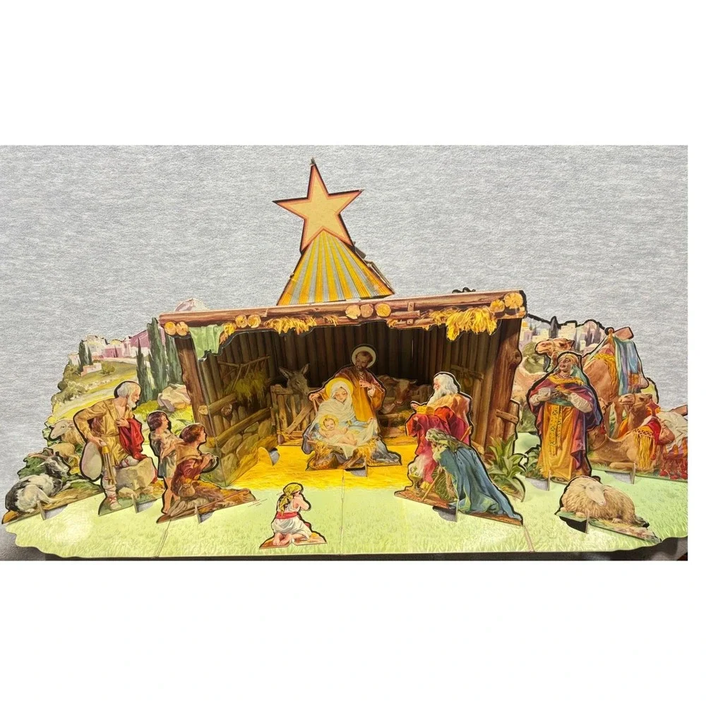 Vtg 50s Christmas Manger Set Nativity Scene Cut Out Figures Foldable‎ Display